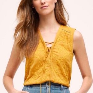 Anthropologie Maeve Embroidered Lace-up Mustard Tank Top Size: 10